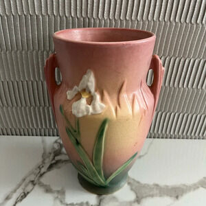 Vintage Roseville Pottery Iris Flower Decor Vase Shape 921-8 Coral Pink MCM